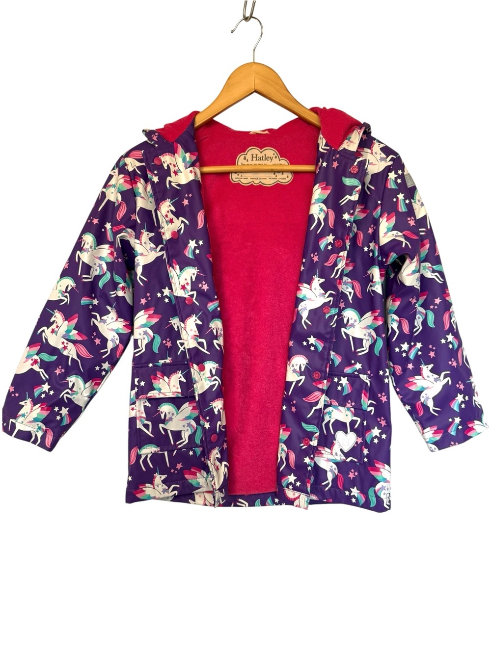 Hatley Purple Unicorn Hooded Raincoat for Kids 
Size 8